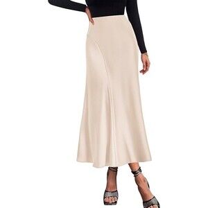 Kirundo Women's Skirt Large Beige Maxi Satin Stretch A-Line Casual Clean Girl